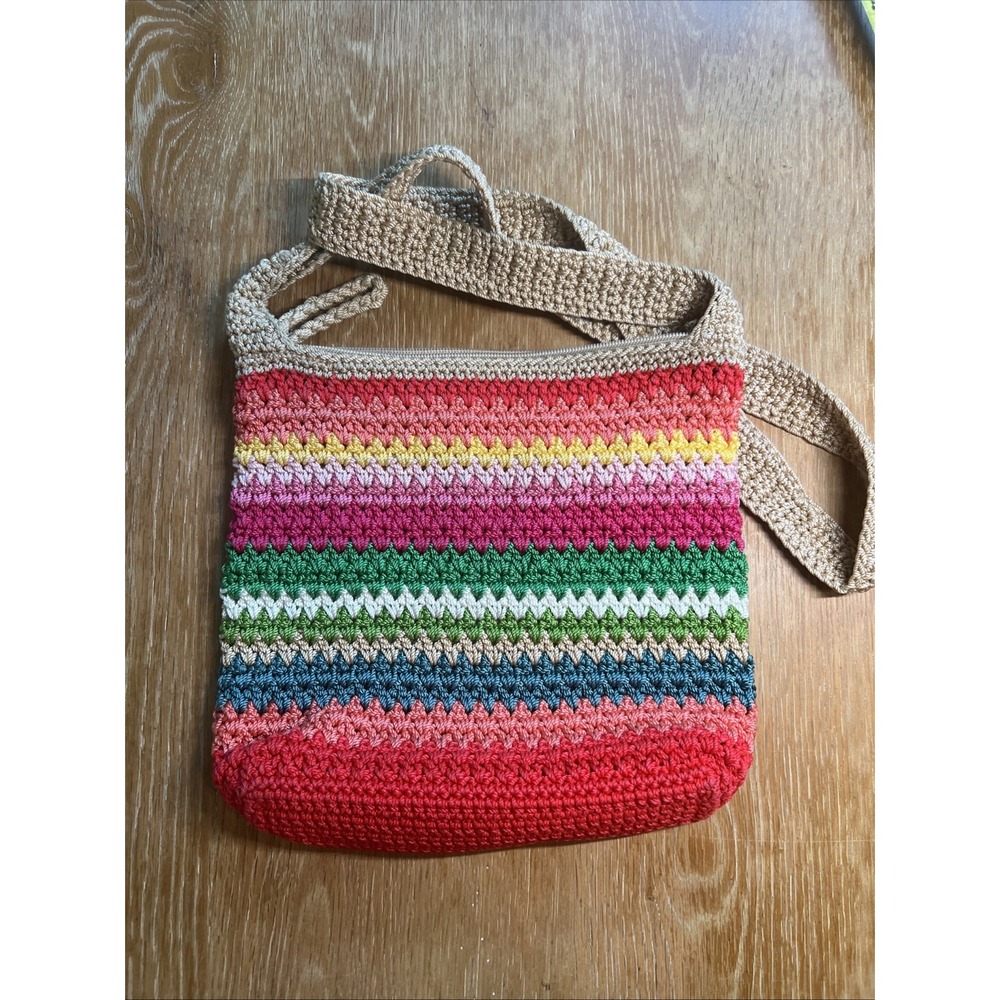 The Sak Rainbow Multicolor Striped Crochet Crossbody Bag Hobo Boho Hippie 10 X 9 - Picture 4 of 9